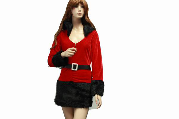 Christmas Costume Long Sleeve V-Collar Black Velour Santa Dress - Click Image to Close